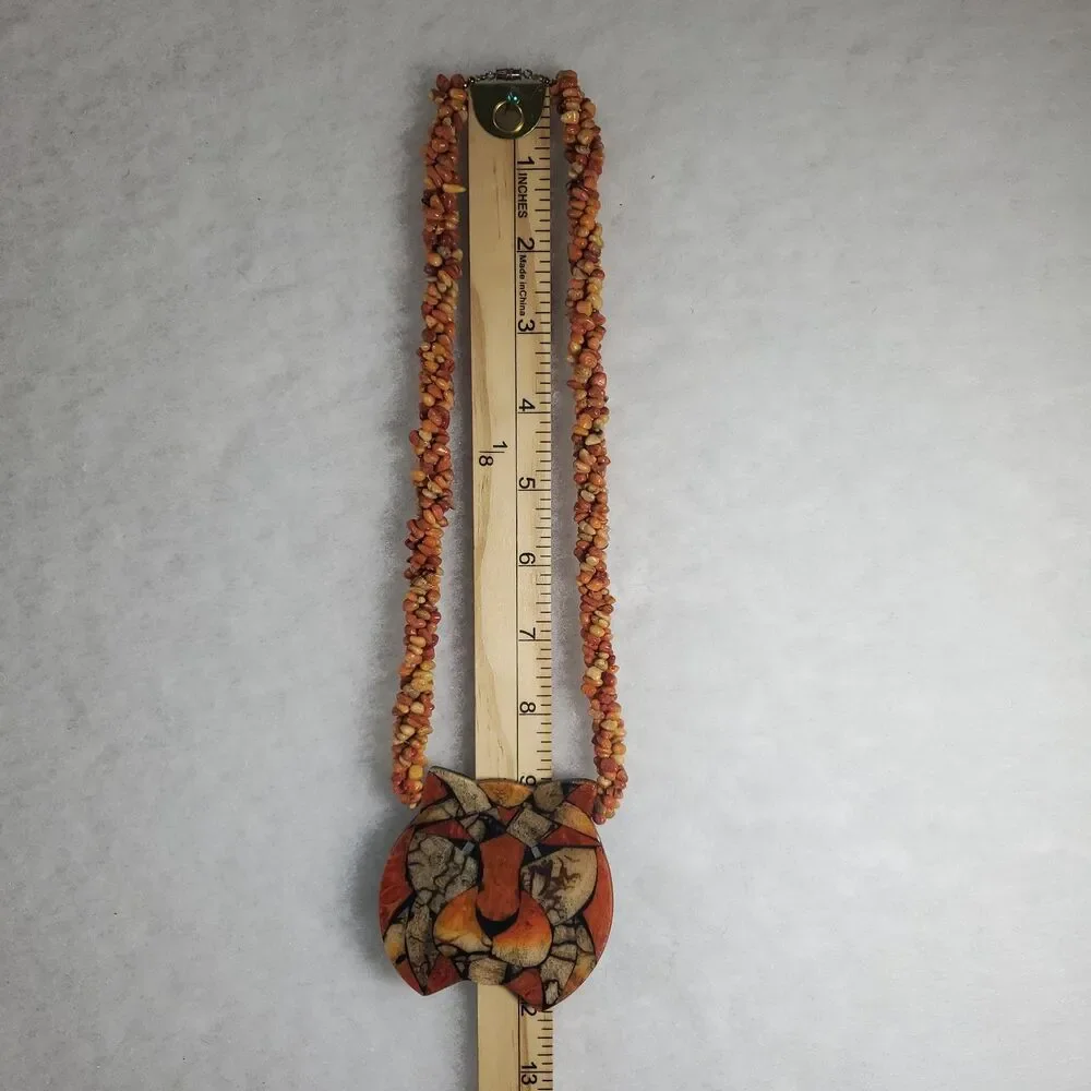 Vintage Lee Sands Inlaid Lion Pendant Statement Necklace Coral Orange 9" 22" - Picture 6 of 12